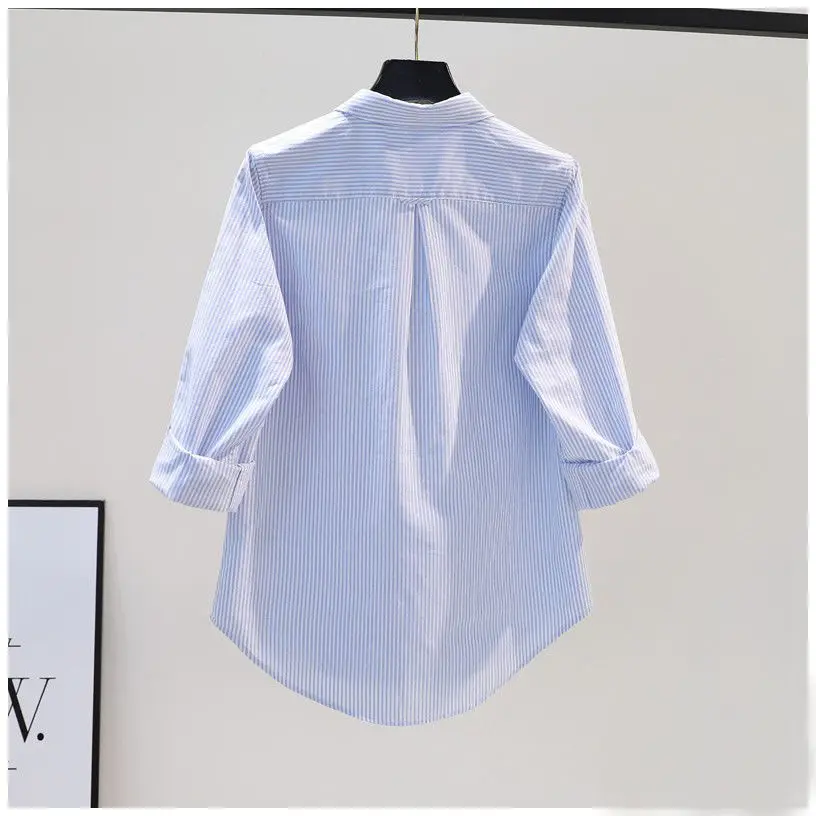 100% Pure Cotton Light Blue Vertical Stripes Shirt for Women\'s Simplicity 2024 Spring Autumn Commuting Loose Casual Trendy Top