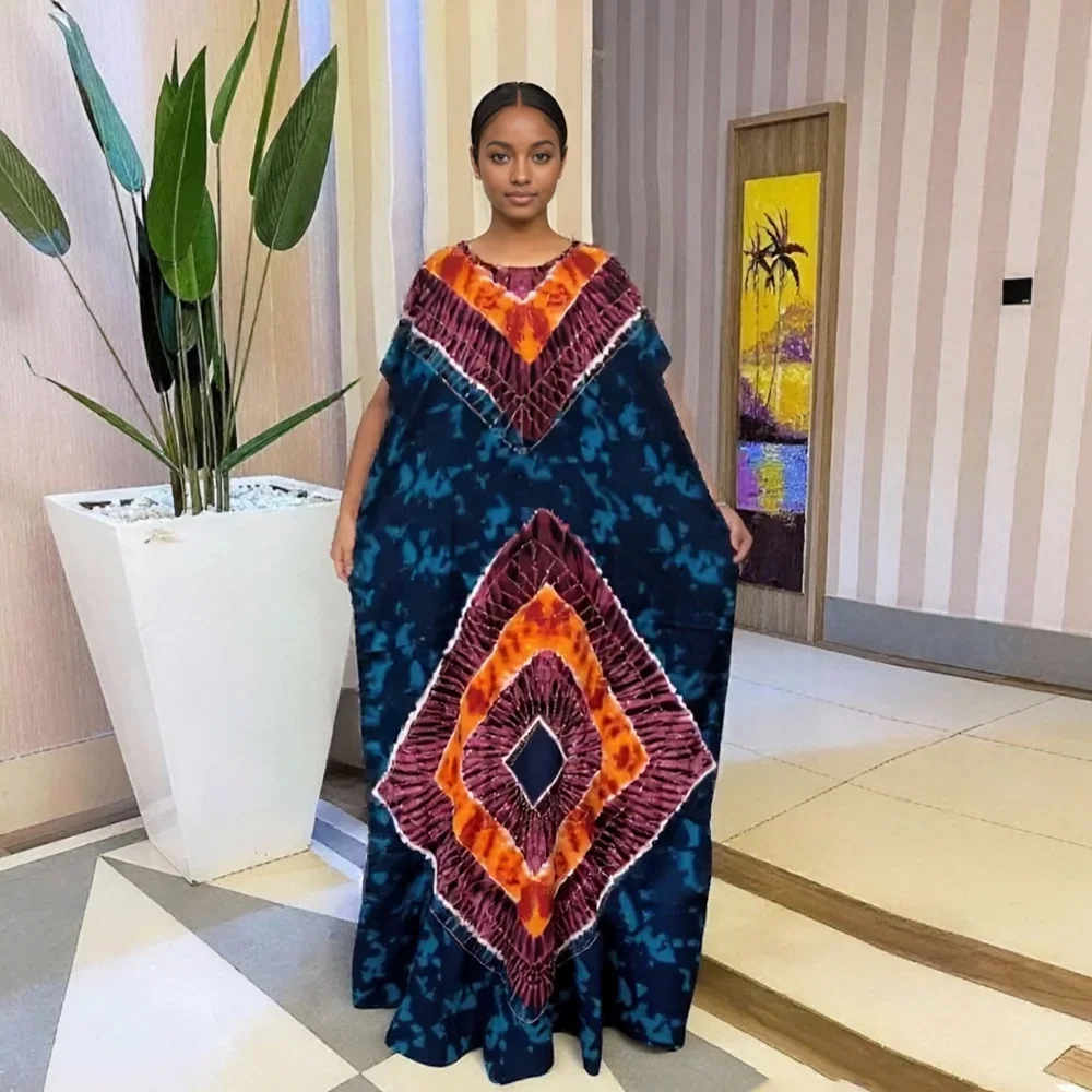 

2026 New Fashion Hot Diamond Scarf Loose Casual Ethnic Bubu Muslim African Summer Abaya Women's Cotton Long Skirt