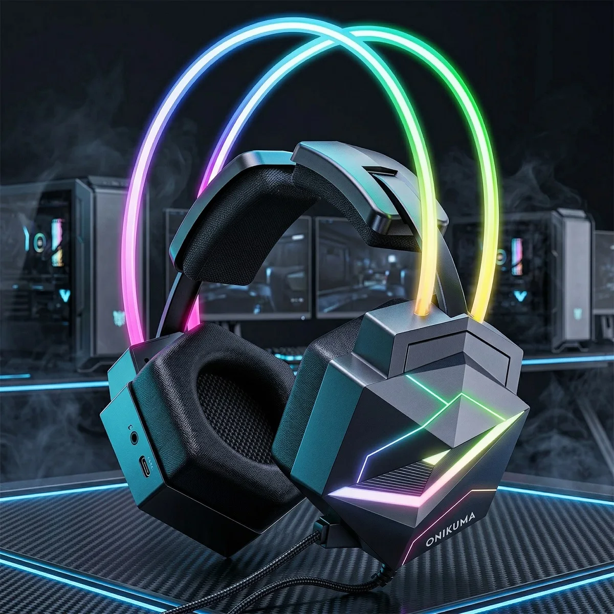 ONIKUMA Gaming Headset Wired Headset Player PC PS4 with RGB Lighting HD Flexible Microphone Headset for Xbox PS5 PC Games