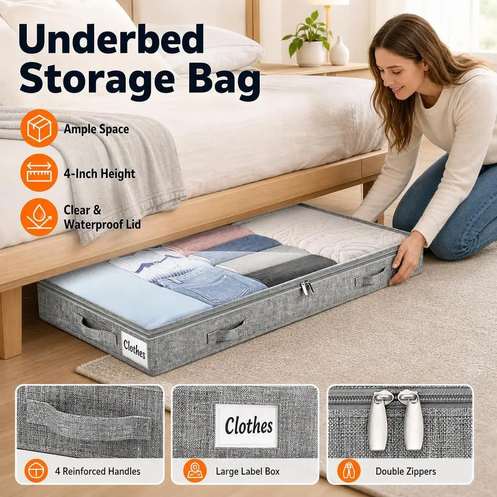 Underbed Storage Bag Clear Lid 4 Inch Height Clothes Blanket Organizer 4 Handles Double Zippers Foldable Container Dustproof Bin