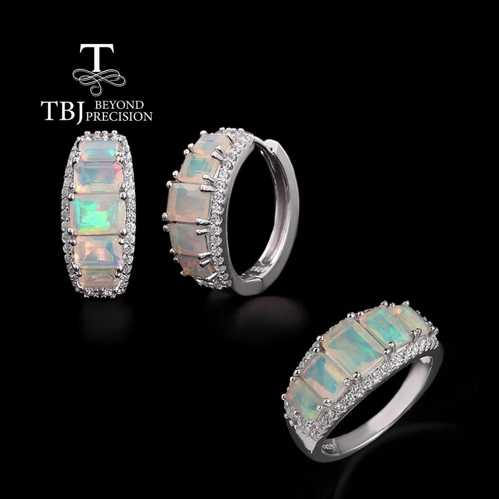 

Women's 925 Sterling Silver Jewelry Set Octagonal Opal 6.1CT Natural Gemstones Simple Design Clasp Earrings Rings for Fine Gifts