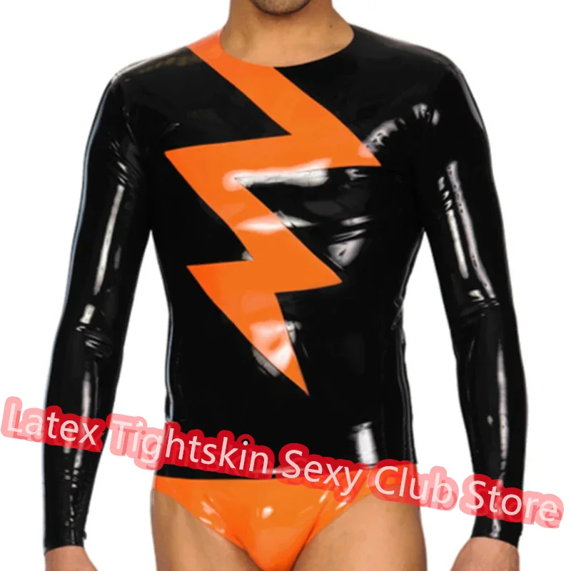 

Handmade Men Latex Top Front Zip T-Shirt Long Sleeves Shirt Man Sexy Rubber Suit Black with Orange Cosplay Costume (no shorts)