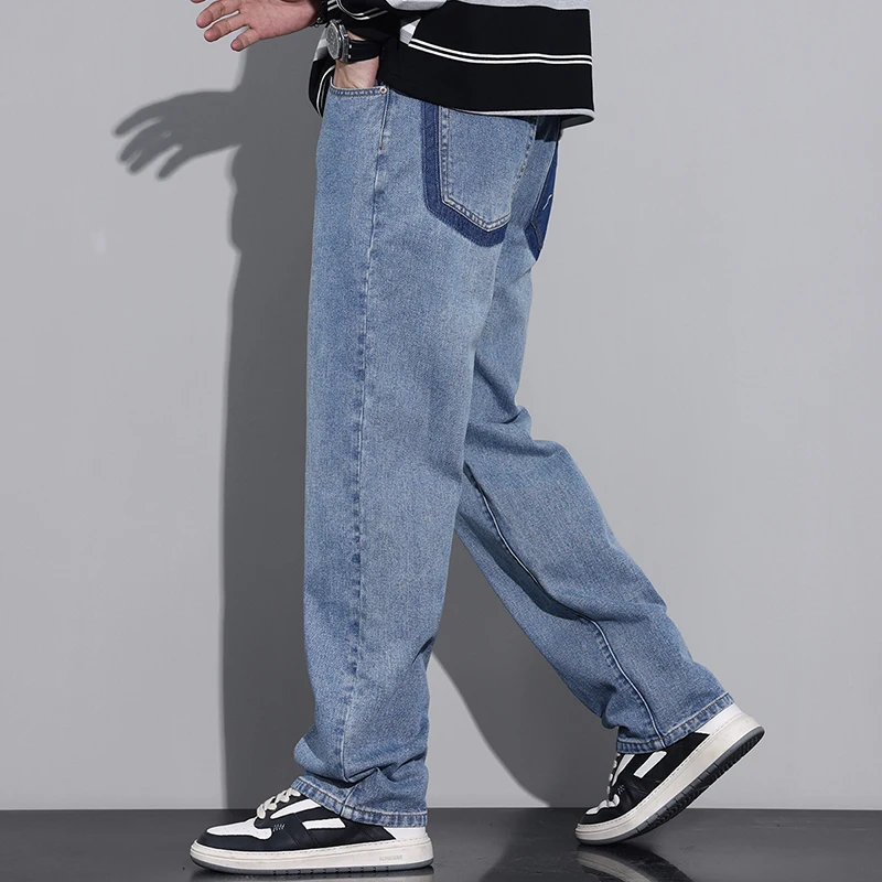 Autumn Winter Men's Jeans Embroidery Mid-waist Full Length Straight Leg Wide Leg Baggy Jeans Male High Street Y2k Denim Pants