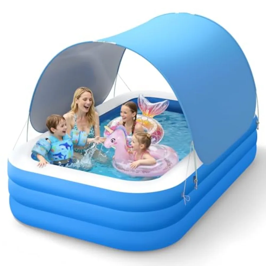 

Backyard inflatable swimming pool with canopy for adults and kids PVC blue/white UV-resistant shade large 102 × 65 × 23 foldabl