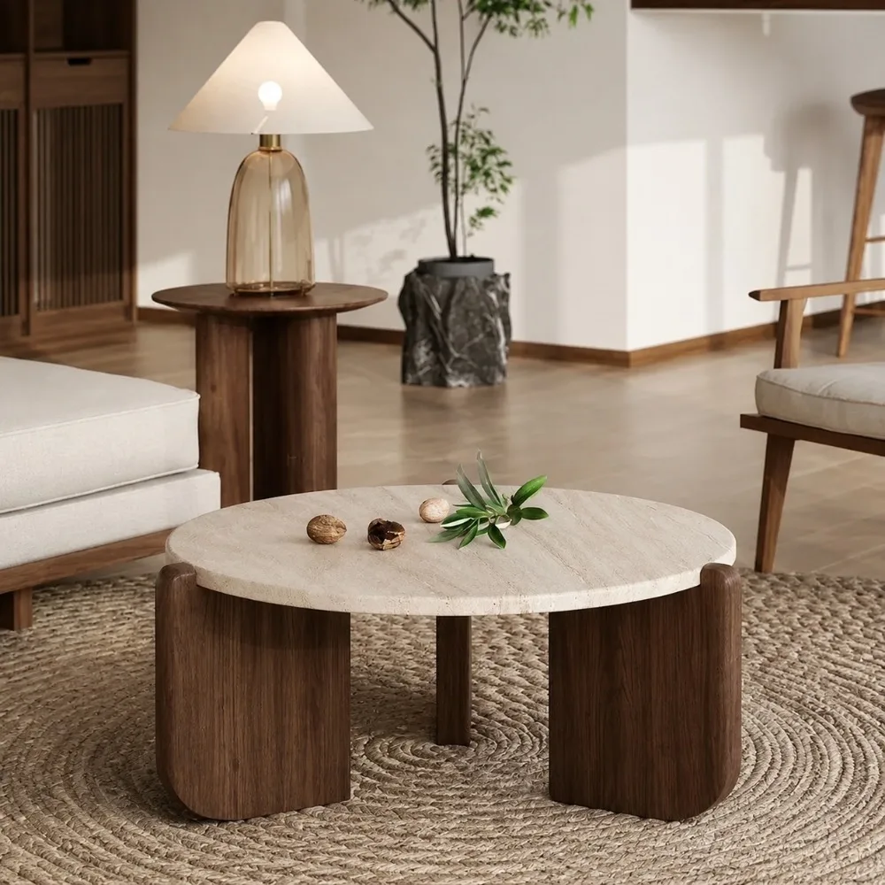 Round Coffee Table Wabi Sabi Stone Coffee Table Solid Wood Tea Table Minimalist Living Room Balcony Side Table Decor