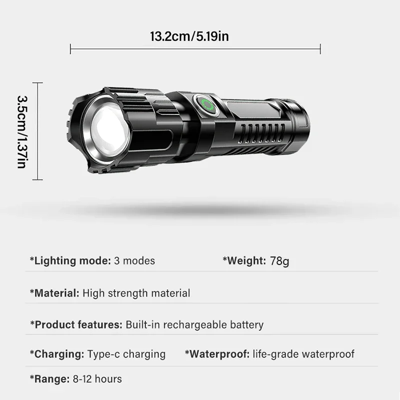 High Strong Power Led Flashlights EDC Tactical Zoomable Torch 3 Modes USB-C Rechargeable Work Fishing Emergency Defense Lantern