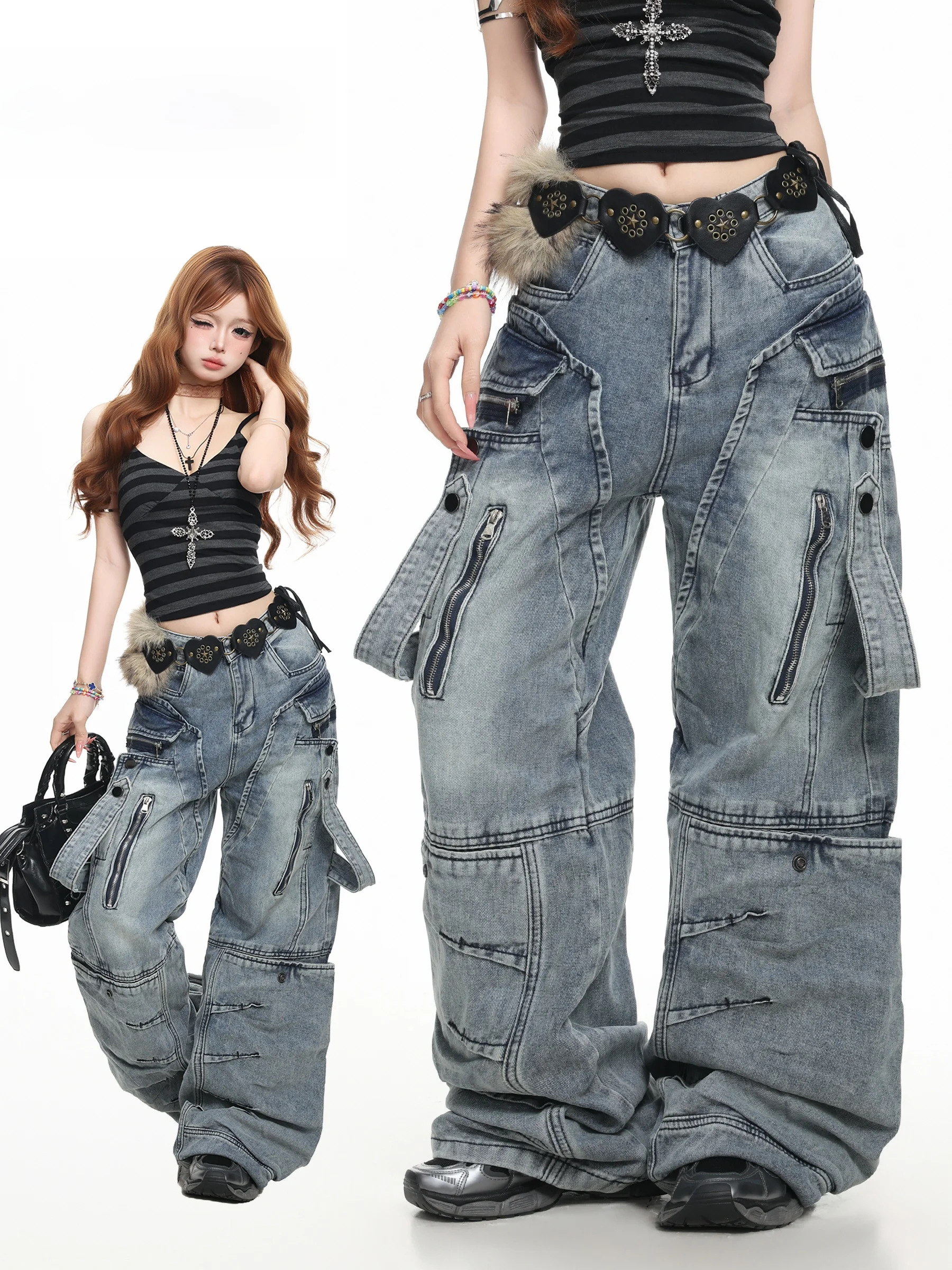 High Waist Wide Leg Workwear Denim Pants Women's Design Sense Heavy Duty Patchwork Floor Length Jeans American Street Style