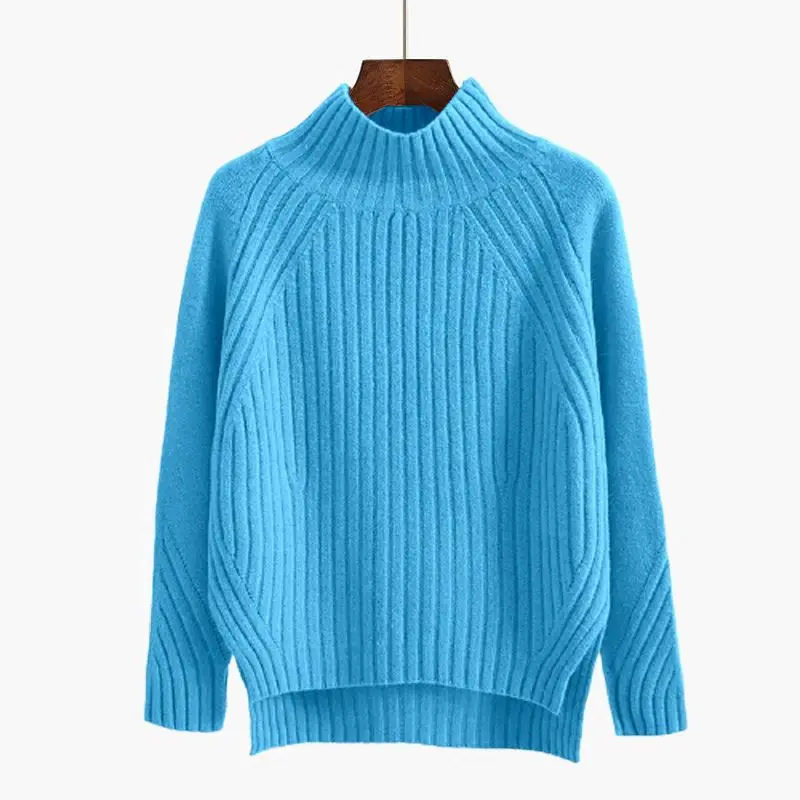 Autumn and Winter Women\'s Pullover Solid Color Half High Collar Wool Loose Fit Sweater Knitted Underlay Fashion Elegant Tops