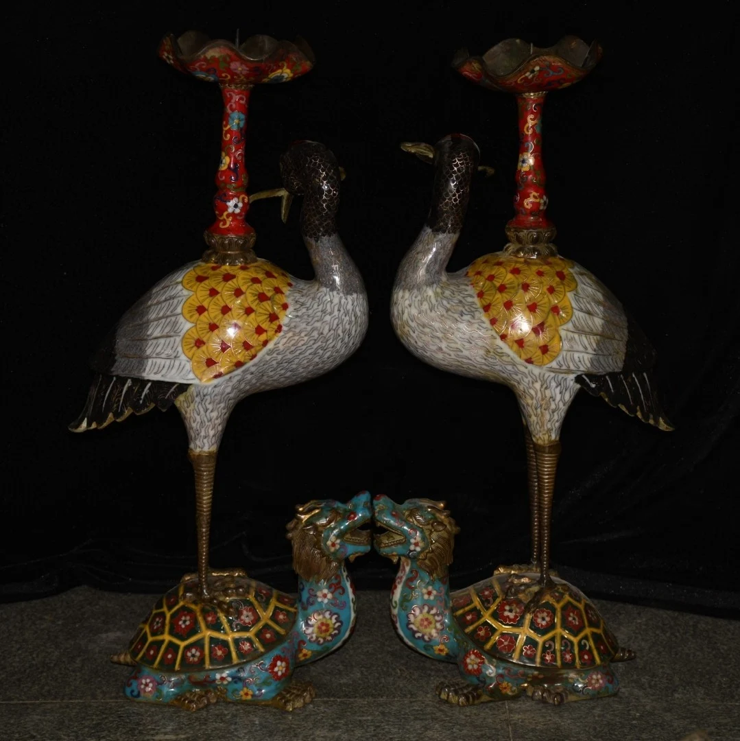 

25"TibetanTemple Collection Old Bronze Cloisonne Longevity Crane Dragon Turtle Candle stand a pair Wax platform Candlestick