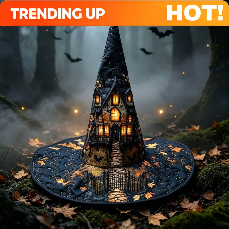 Customization Halloween Gloomy Castle Quilted Witch Hat, Wizard Hat With Haunted House, Bat And Maple Leaf Patterns