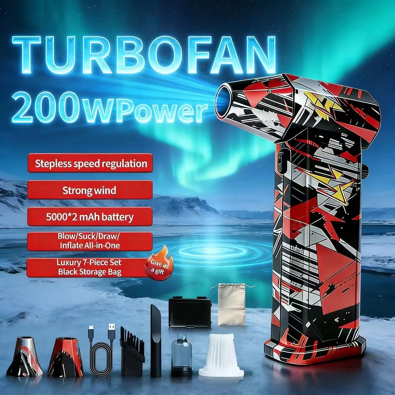 

Brushless vacuum X9 silver-black-red fan, 500,000 RPM, wind speed 75m/s, turbo jet hair dryer，car wash gun，Snow Dust Cleaner.