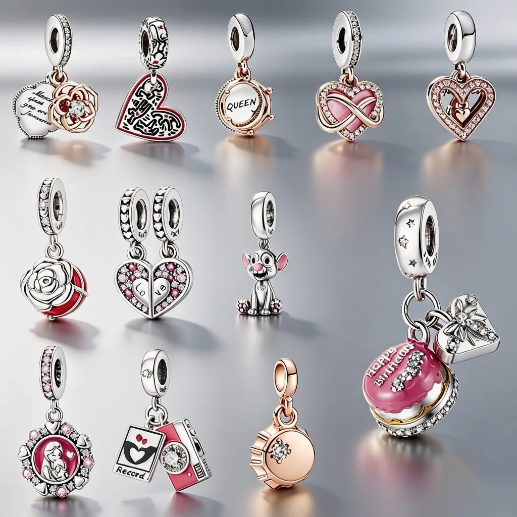 Hot Sale Love Heart Charms Bead, Queen Crown Birthday Cake Rose Flower Dangle Beads for Women Bracelet Jewelry Making Gift ﻿