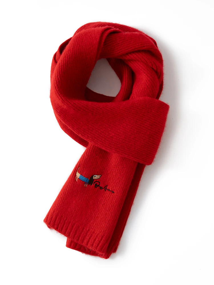 TLOML New Women's 100% Cashmere Scarf Embroidered Sausage Dog Scarf Autumn Winter Soft Warm Cashmere Knitted Fashion Comfy Tops