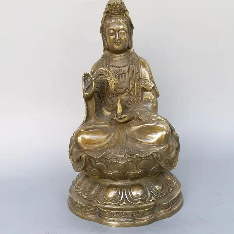 Pure copper statue, sitting figure holding a willow branch, Bodhisattva, peace-bringing Guanyin home decoration