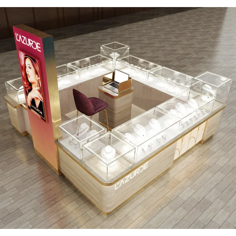 2025customized.Modern Jewelry Store Display Showcase Counter Wooden Glass Booth Jewelry Kiosk Island Shopping Mall