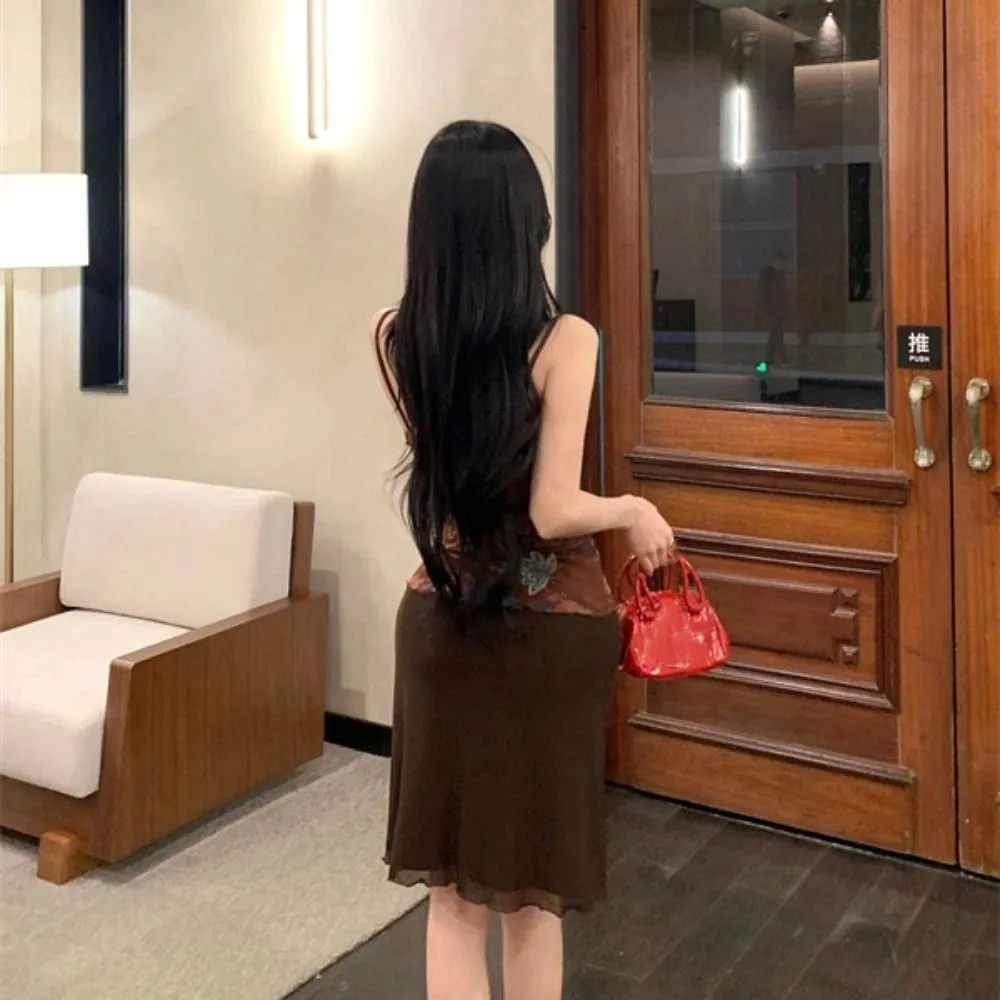 Plisowana Przezroczysta Koszulka na Ramiączkach z Kwiatowym Wzorem, Bez Rękawów, Sznurowana, Dopasowana Krótka Bluzka w Stylu Koreańskim, Seksowna Koszulka na Ramiączkach, Wiosna Lato