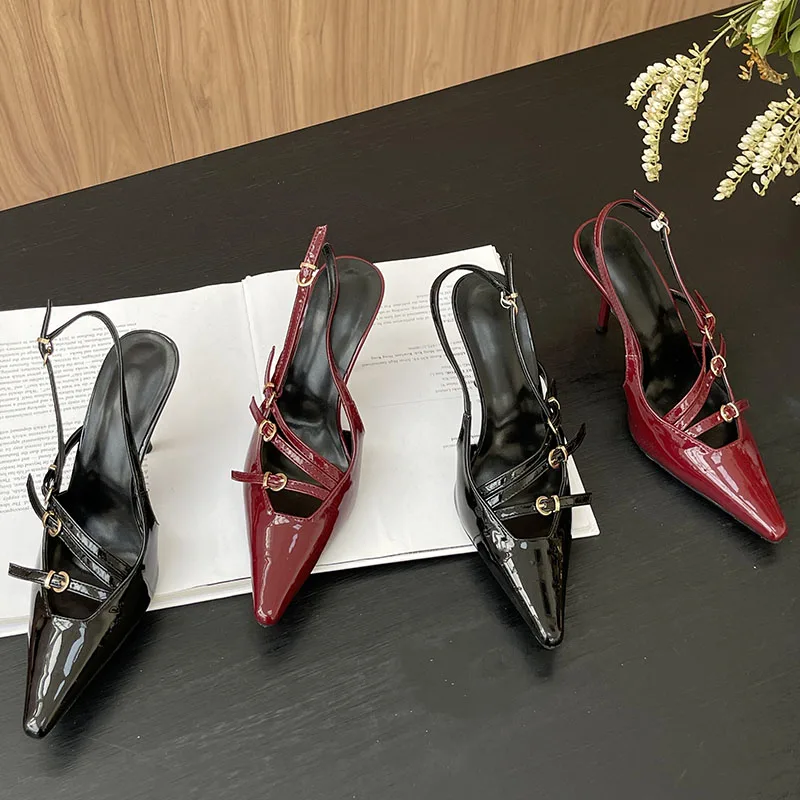 Wine Red Footwear Ladies High Heels Sandals Shoes Female New 2024 Fashion Metal Buckle Pumps Women Thin Heels Shoes Big Size