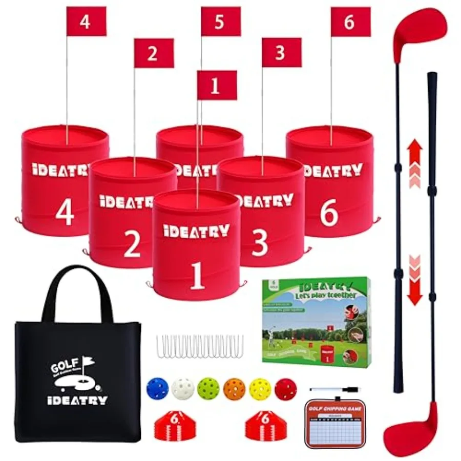 

Backyard outdoor golf game for adults: 6-hole set with 2 adjustable clubs, durable plastic and metal, green and black, portable