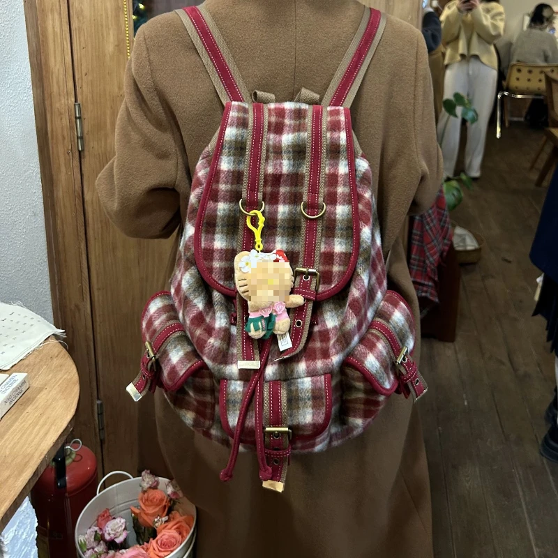 Korea Fashion Retro Red Plaid Cute Tweed Backpack Women Autumn Winter Christmas New Year Y2k Large Capacity Drawstring Schoolbag