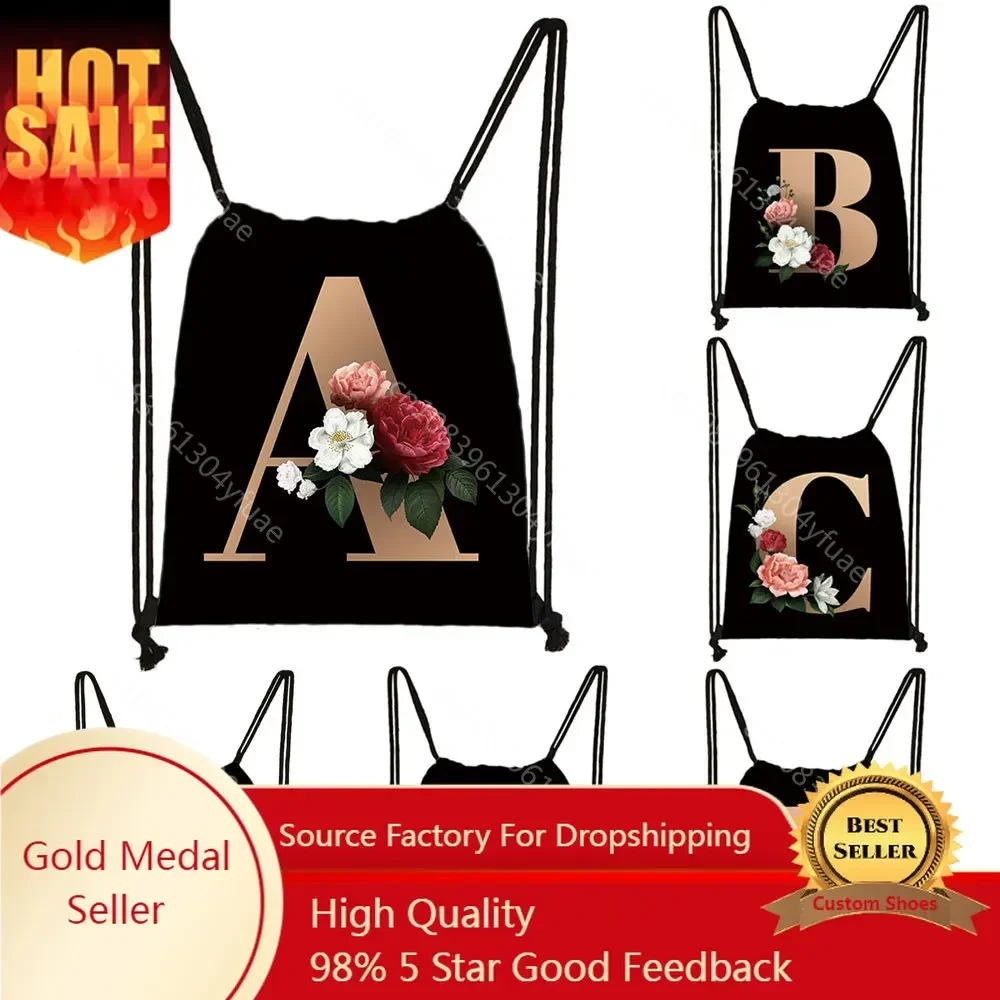 

26 Initials Flower Drawstring Bag Girl A-Z Letter Travel School Backpack Kid Birthday Baby Shower Gift Bag Supplies