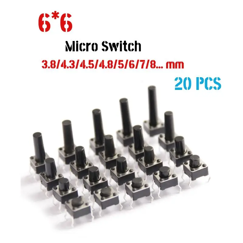 

20pcs 6x6 Mini Push Button Switch DIP Tact Switch 6X6X4.3 6*6*4.3/5/6/7/8/9/10/11/12mm The Power Switch 4Pin