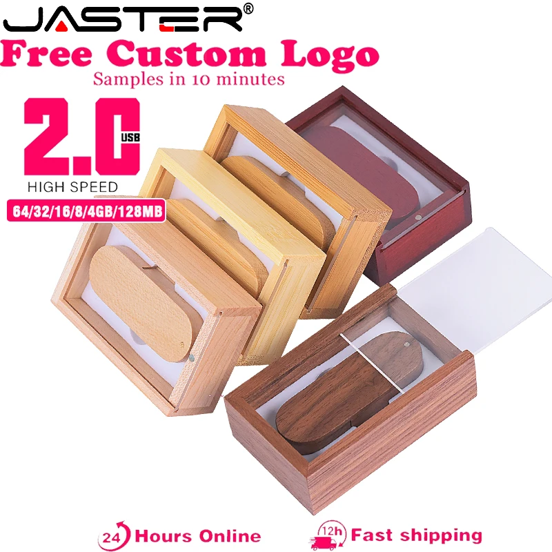 1PCS Free Custom Logo Pen Drive 128GB USB2.0 Rotatable + Boxed Wooden Pendrive 64GB Transparent Cover  Memory Stick 32GB 16GB