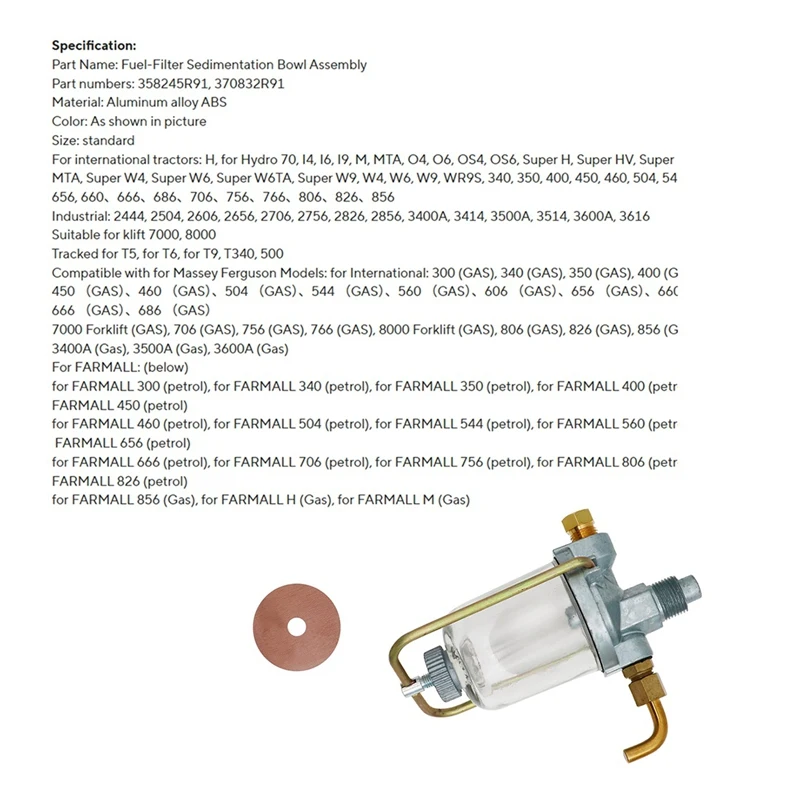 A03F 370832R91 Fuel Filter Sedimentation Bowl Assembly Glass Fuel Settling Cup For IH FARMALL H M 350 400 450 I6 Tractor
