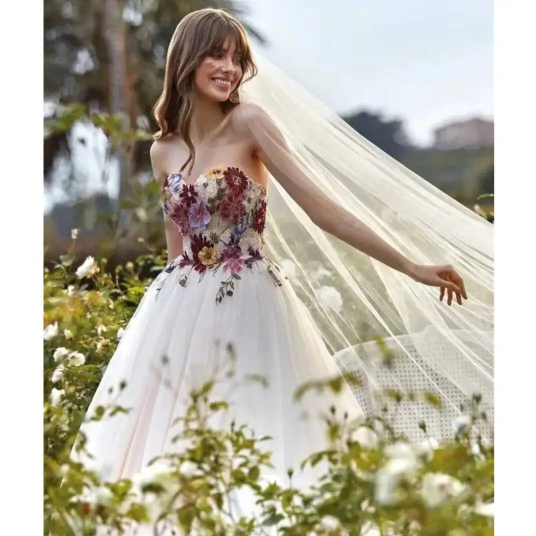

Princess Floral Lace Wedding Dress Sweetheart Garden Appliques Bridal Robe De Mariage Ball Gowns Custom Made