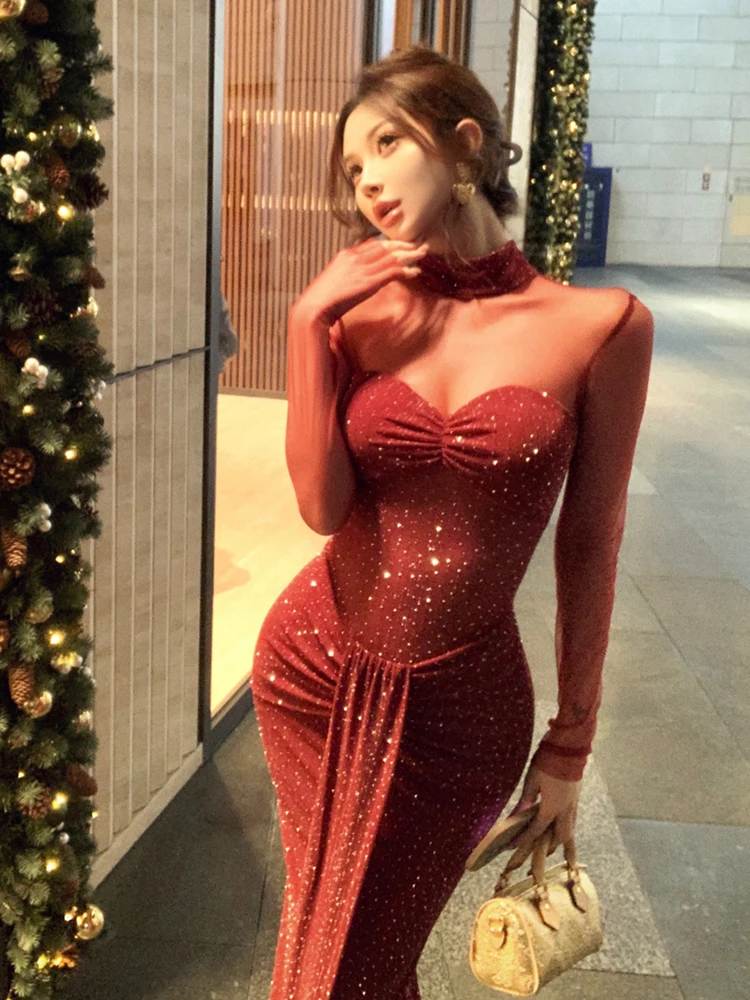 ReddaChic Lovertjes Mesh Maxi Jurk Rode Holle Coltrui Shirred Bodycon Avondjurk Cocktail Party Sexy Vrouwen Kleding