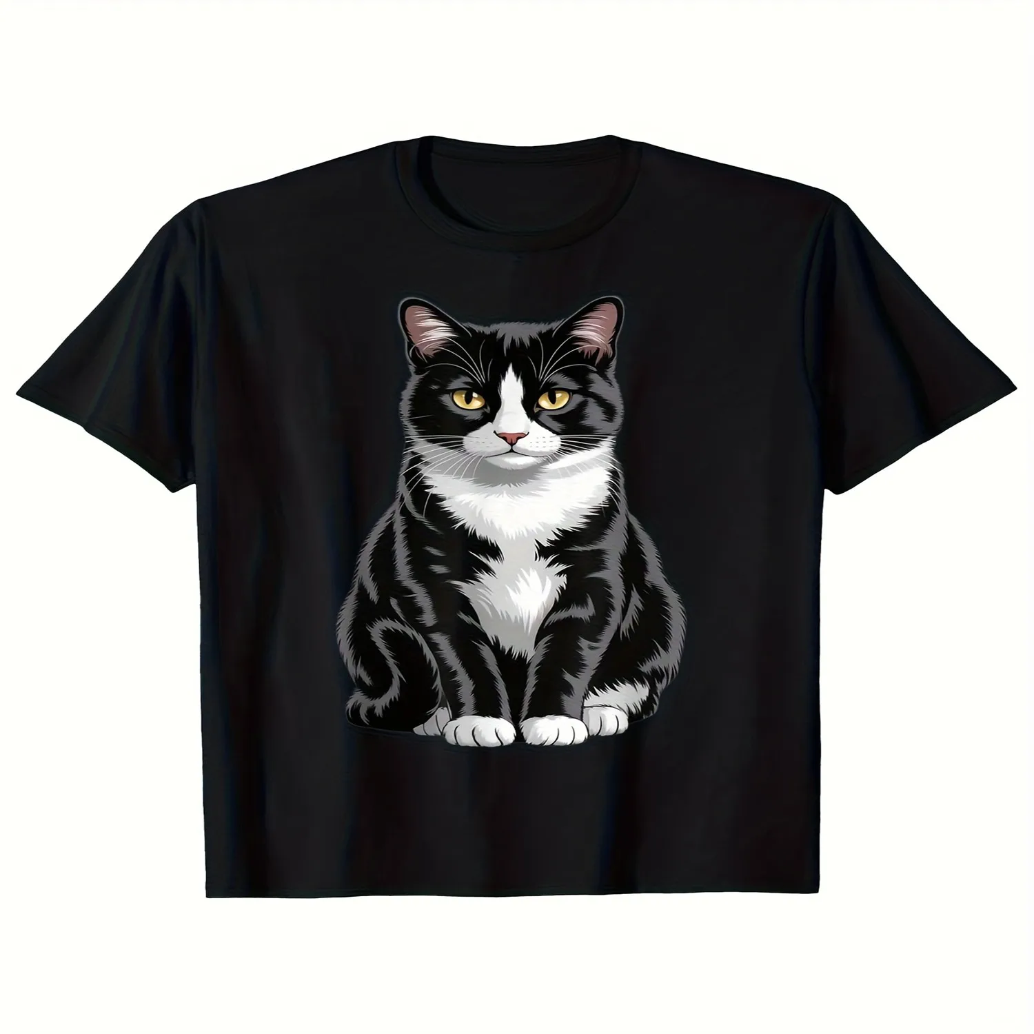 Men's unisex (same style) Heavyweight 180gsm Cotton T-Shirt - Soft Breathable Black Tee with Tuxedo Cat Graphic, Minimalist Monochrome Tuxedo Mark for all-Season Round Neck Casual Formal Wear - Casual T-shirt, Minimalist Tee,