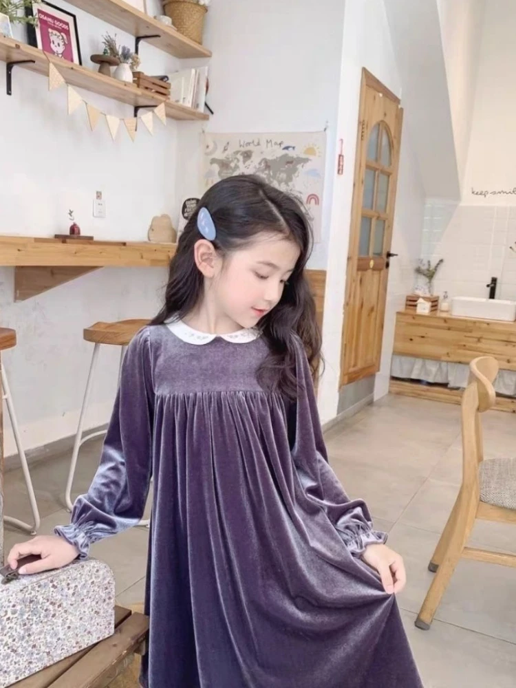 Autumn Winter Girls Velvet Dress French Retro Embroidery Doll Collar Princess Dress Kids Party Elegant Clothing