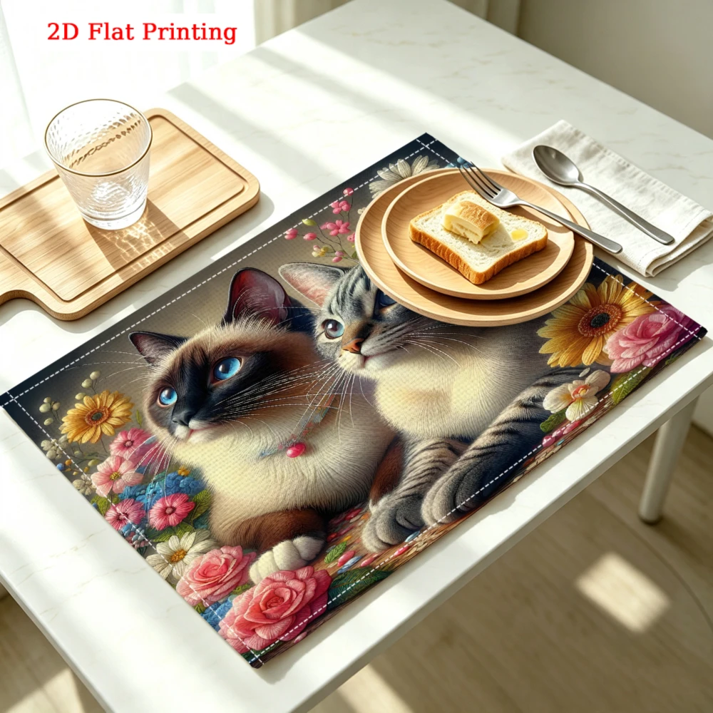 2Pcs Cute Cat And Flower Placemat Multicolor 2D Flat Printing Table Mat Kitchen Dining Decor Non Slip Heat Resistant 30X40Cm