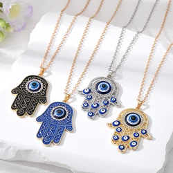 Enamel Retro Turkey Eye Hamsa Hand Necklace Women Men New Hollow Ethnic Zircon Blue Evil Eye Fatima Hand Sweater Chians Jewelry