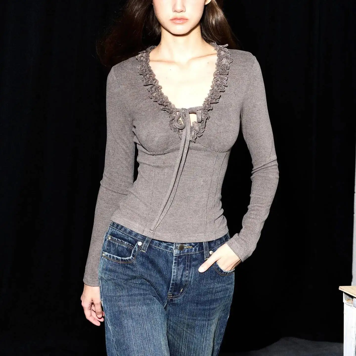 

Women's Knitting Base Layer 2026 Spring Autumn Long Sleeve Base T-shirt Tops Brushed Lace Trim Multi Strap Tops