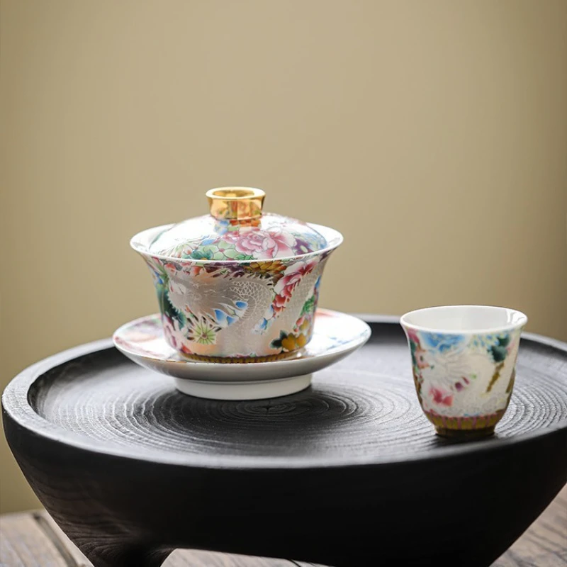 Enamel‑painted ceramic three‑piece gaiwan teacup, dragon‑phoenix patterned tea bowl, high‑end Chinese‑style tea‑offering bowl