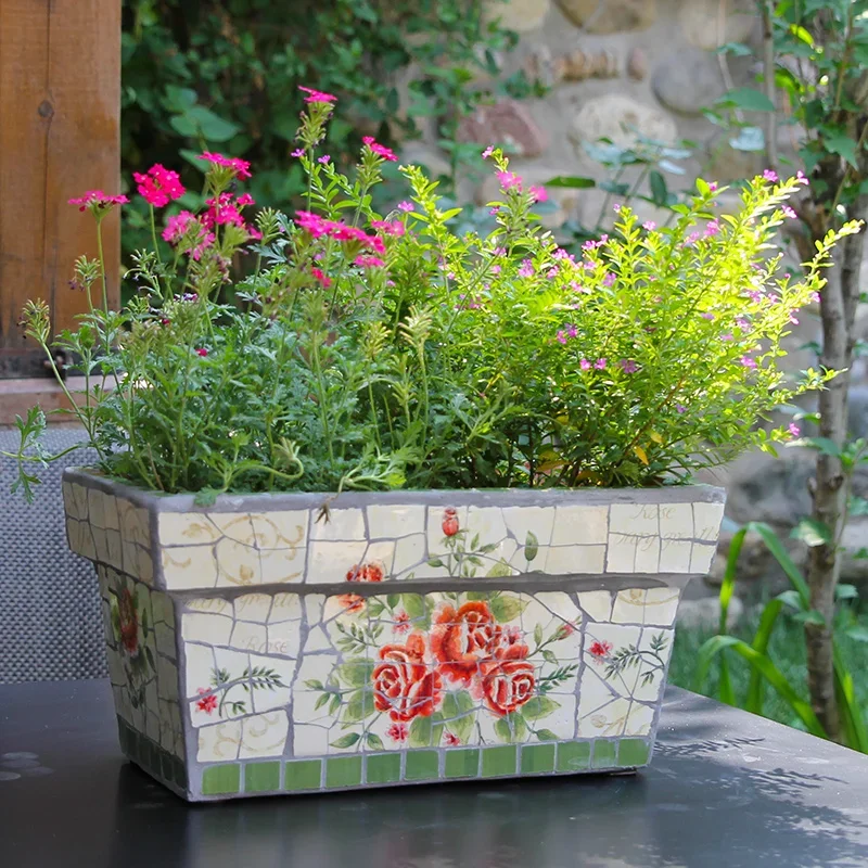 Featured courtyard balcony rectangular flower pot ornament, painted ceramic mosaic process