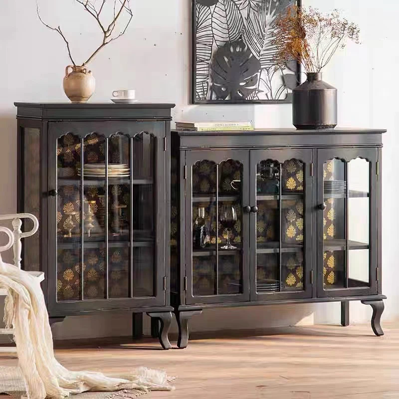 Countryside Black Pastoral Solid Wood Glass Restaurant Dinner Side Cabinet Storage Wine Cabinet