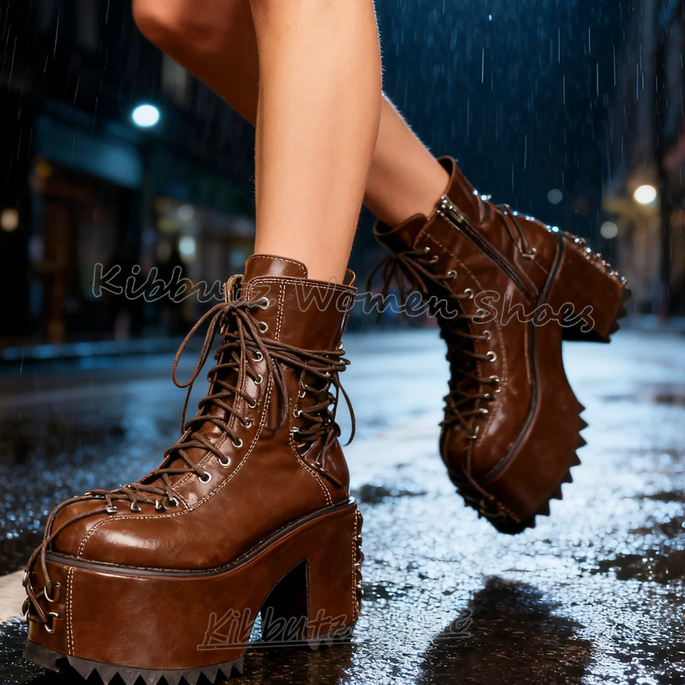 

Cross Strap Platform Boots Ankle Fashion Luxury Novelty Sexy Spicy Girl Shoes Lace-Up Leather Round Toe Chunky Heels New Leather