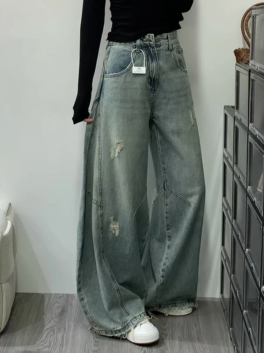 Retro Blue Faded Denim Jeans Women's Spring Autumn Lazy plus Size Fat MM Loose Slim Hiding Hip Wide Leg Floor-Length Pants