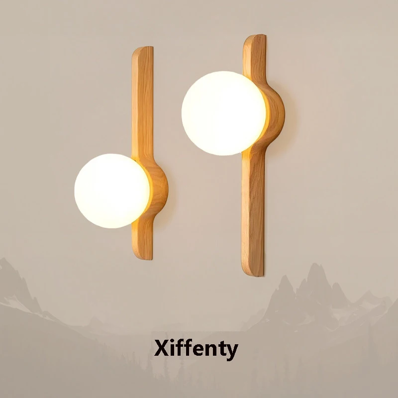 Minimalist LED Wall Light Japanese Walnut Bed Head Homestay Corridor Staircase Living Room Spherical Lighting Fixture