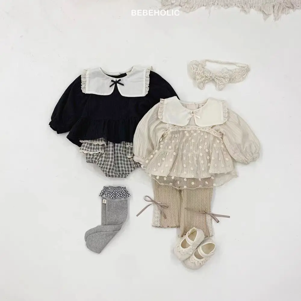 2025 otoño nuevas camisetas de manga larga con solapa para niñas, camisas lisas de encaje con bonito lazo, camisetas holgadas de algodón para bebés, ropa para niños pequeños