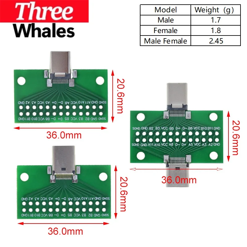 THR Type-C Male to Female USB 3.1 Test PCB Board Adapter Type C 24P 2.54mm Connector Socket For Data Line Wire Cable Transfer