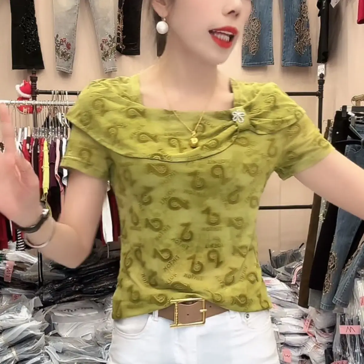여름 신상 원숄더 프린트 메쉬 데일리탑