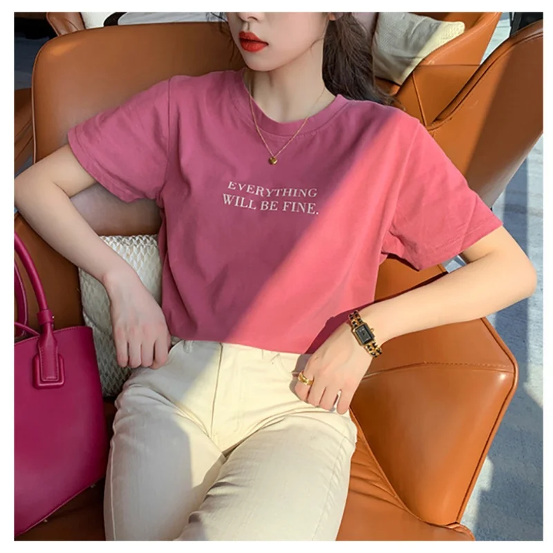 Letters Pink Korean Fashion T-shirt Women O-Neck Print Loose Tops Korean Fashion Y2K Tees Vintage Cheap Clothes Woman Tshirts