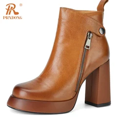 PRXDONG Women's Boots 2023 New Brand Genuine Leather Square High Heels Platform Retro Brown Dress Party Lady Shoes Ankle Boots
