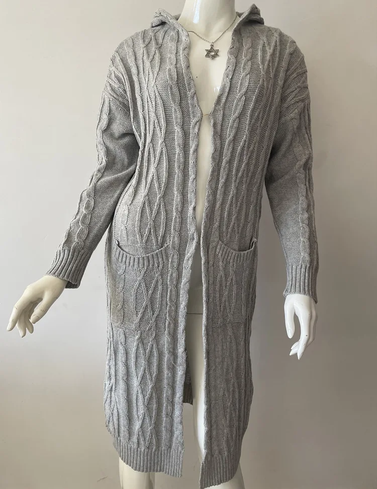 สเวตเตอร์คาร์ดิแกนสำหรับผู้หญิงเสื้อสเวตเตอร์ถักมีฮู้ดเสื้อกันหนาวไหมพรมยาว2023แฟชั่นสำหรับผู้หญิง HHX2003ใหม่