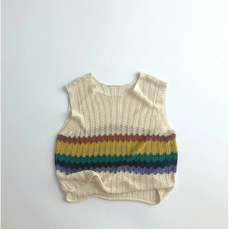 

2024 Summer New Children Hollow Out Knitted Vest Baby Boy Girl Sleeveless Colored Striped Tops Kids Toddler Thin Casual Clothes