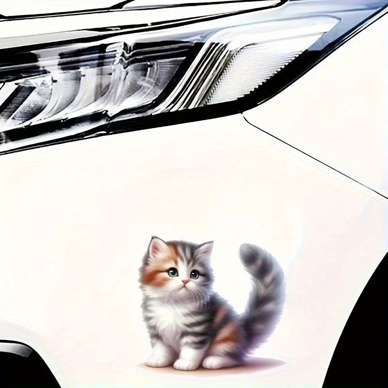1Pc Cute Fluffy Tricolor Kitten Self Adhesive Durable Vinyl Sticker Decal For Car Bike Laptop Cup Phone Storage Box Glass Decor