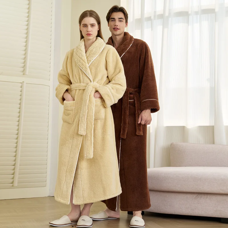 

Autumn Winter Lovers Solid Flannel Thicken Robe Sets Couple Long Bathrobe Nightwear With Pocket Intimate Lingerie Home Clothing
