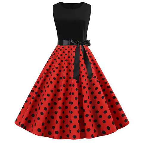 Svart prickig ärmlös sommarklänning vintage pin up a-linje casual morgonrock femme dam festklänningar 6 best sales pinup-klänning - №4